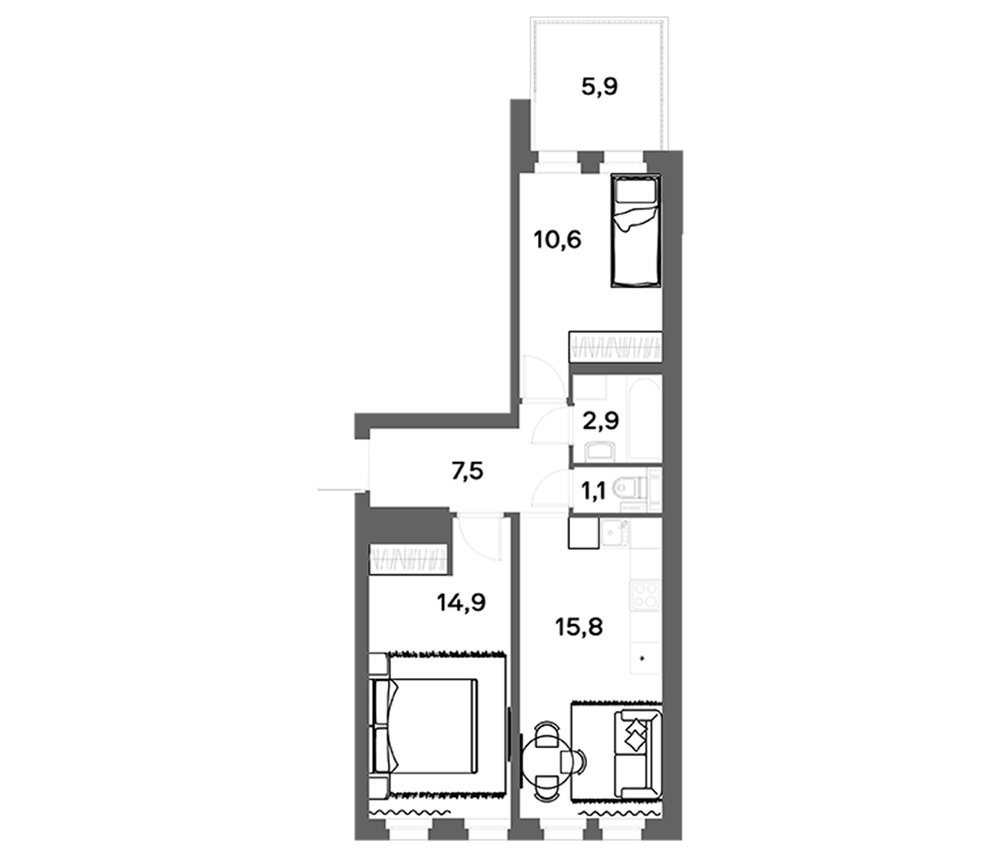 Планировка: 3Е-к.кв · 54,57 м²