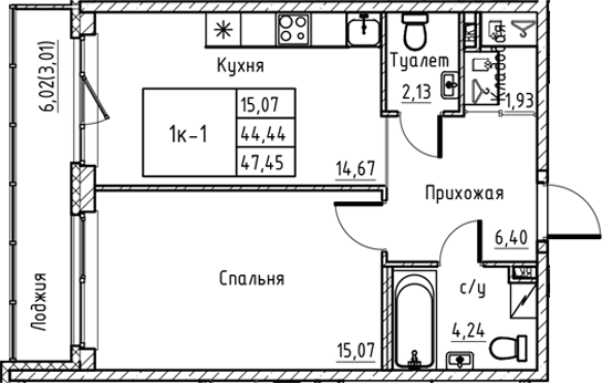 Планировка: 1 комната · 47,45 м²