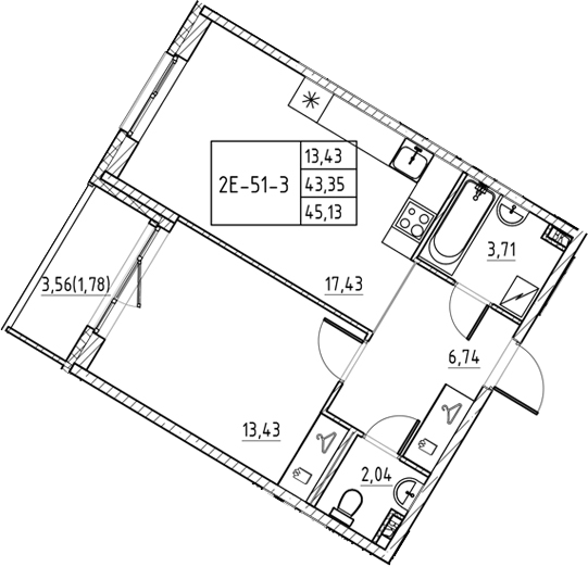 Планировка: 2Е-к.кв · 45,13 м²