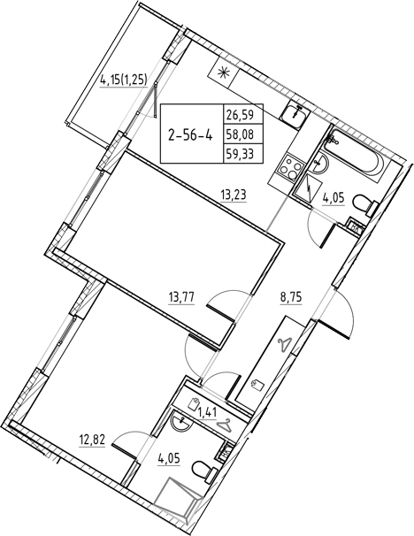 Планировка: 2 комнаты · 59,33 м²
