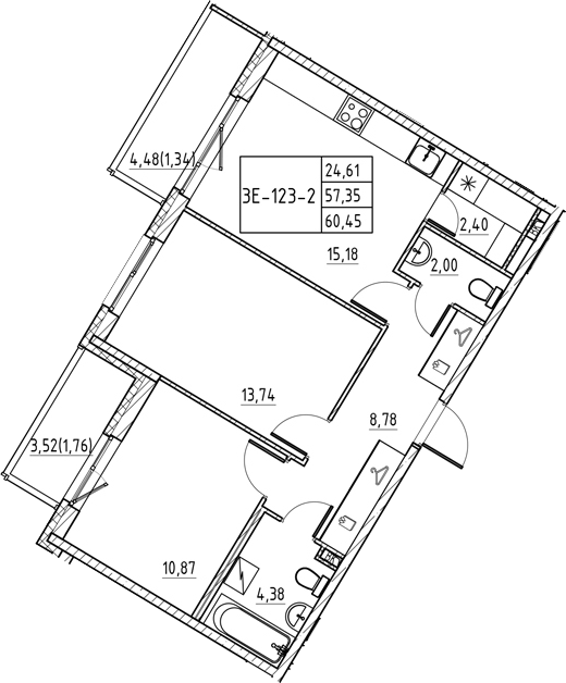 Планировка: 3Е-к.кв · 60,45 м²