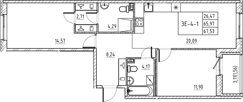 Планировка: 3Е-к.кв · 67,53 м²