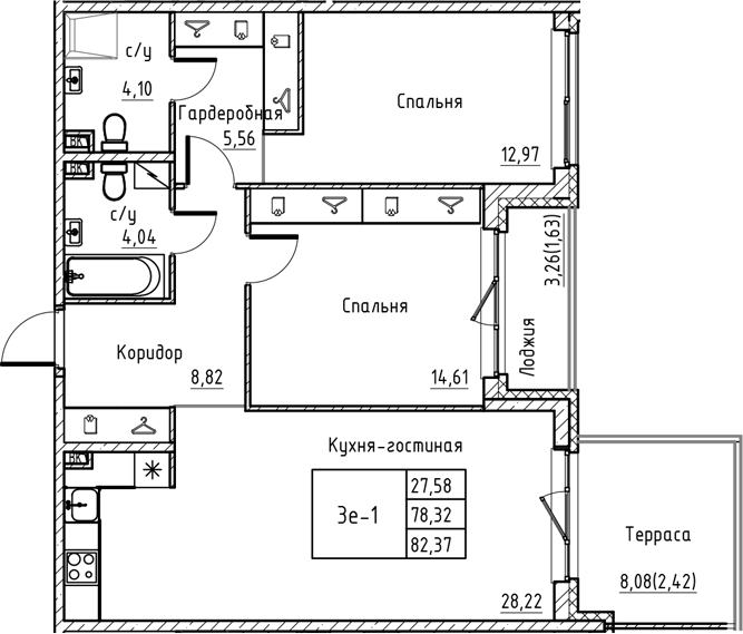 Планировка: 3Е-к.кв · 82,37 м²