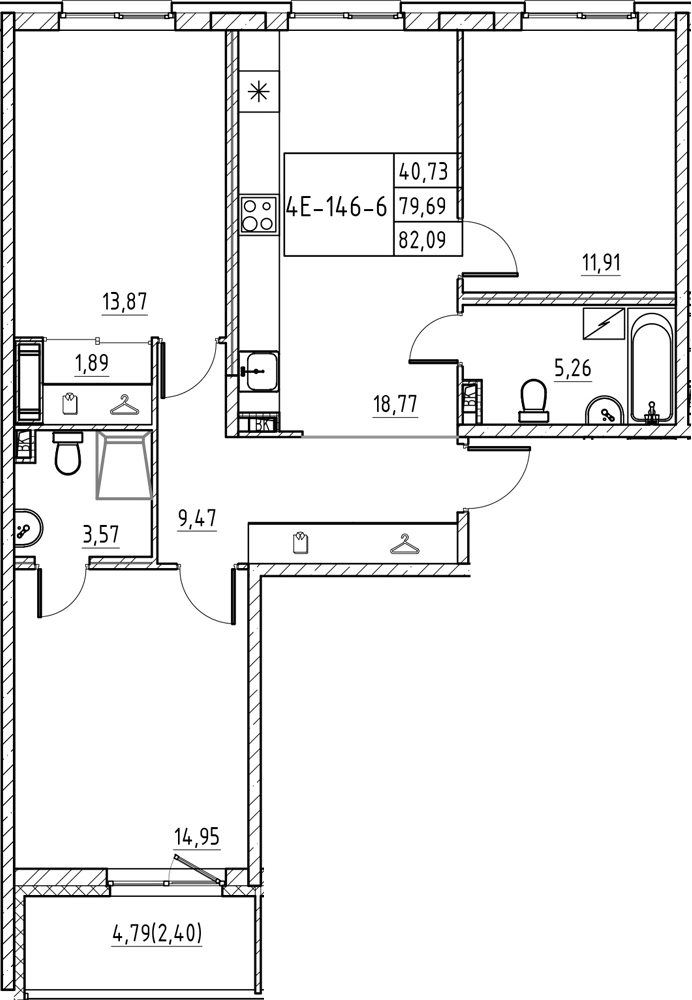Планировка: 4Е-к.кв · 82,09 м²