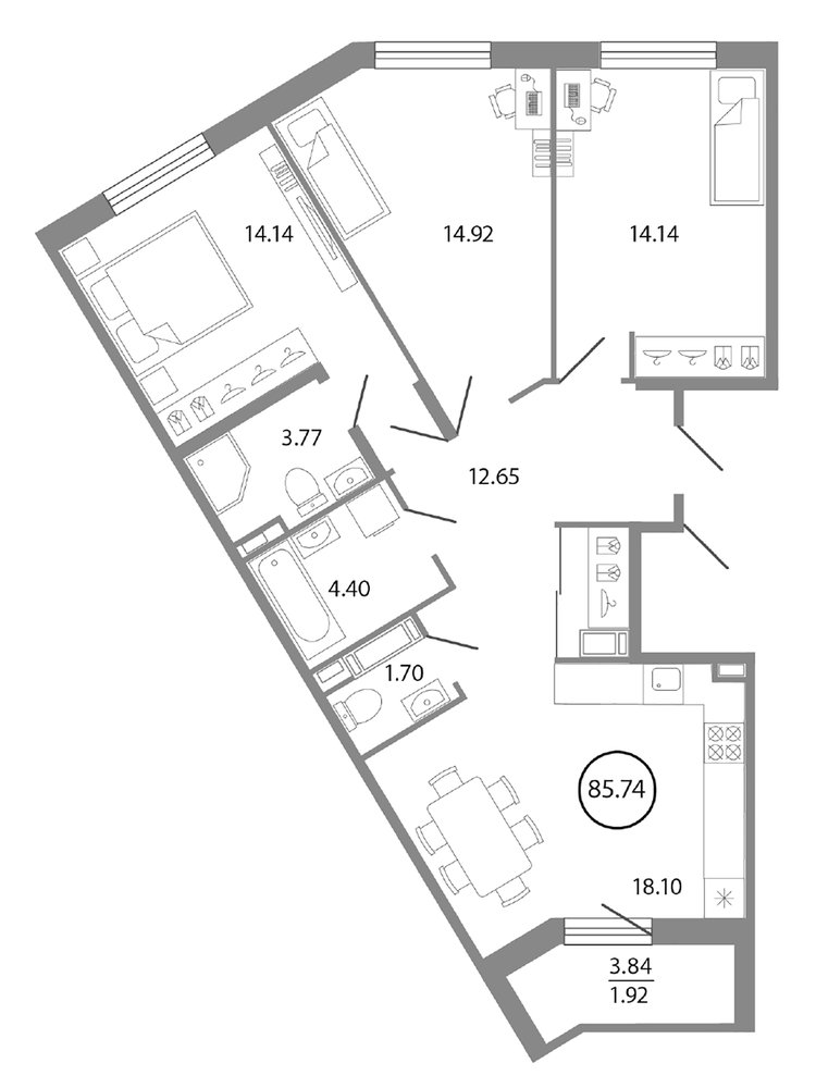 Планировка: 4Е-к.кв · 85,74 м²