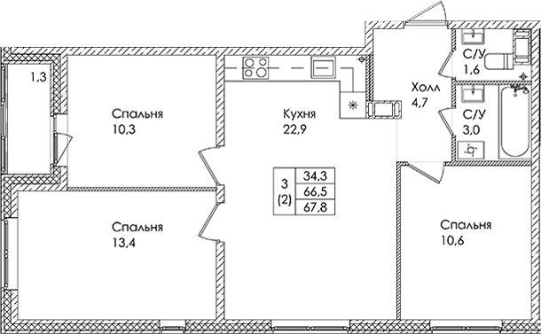 Планировка: 3 комнаты · 67,8 м²