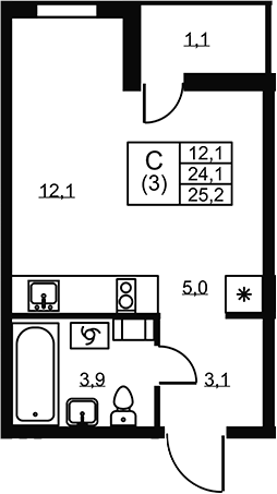 Планировка: Студия · 25,2 м²