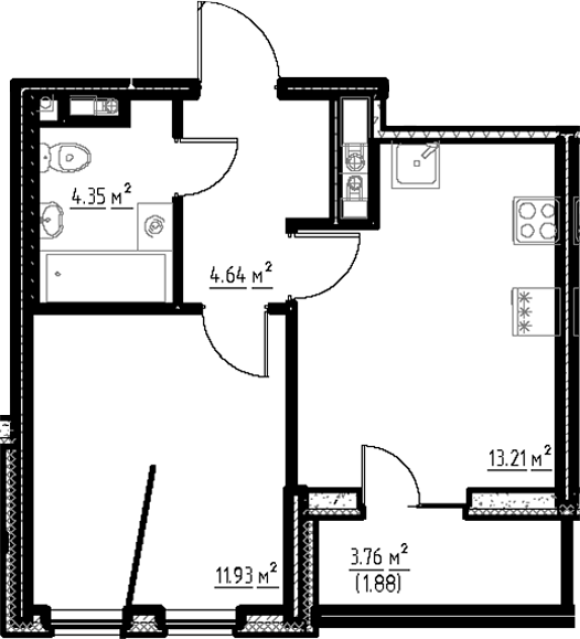 Планировка: 2Е-к.кв · 36,01 м²