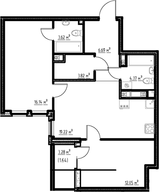 Планировка: 3Е-к.кв · 67,55 м²