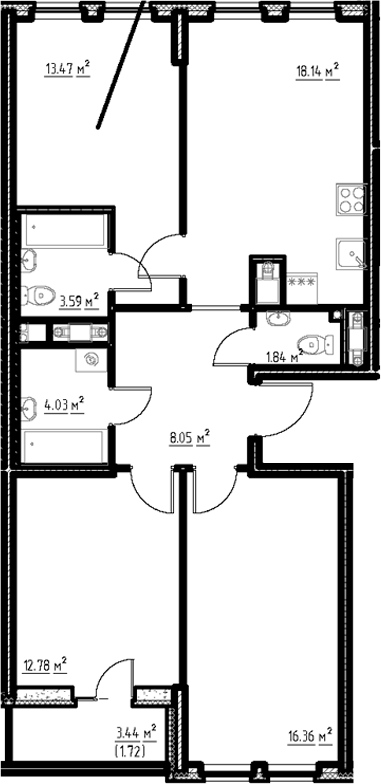Планировка: 4Е-к.кв · 79,98 м²