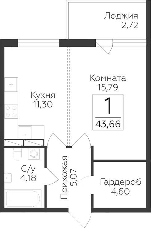 Планировка: 1 комната · 43,66 м²