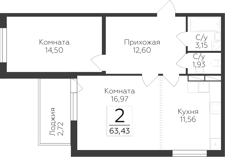 Планировка: 2 комнаты · 63,43 м²