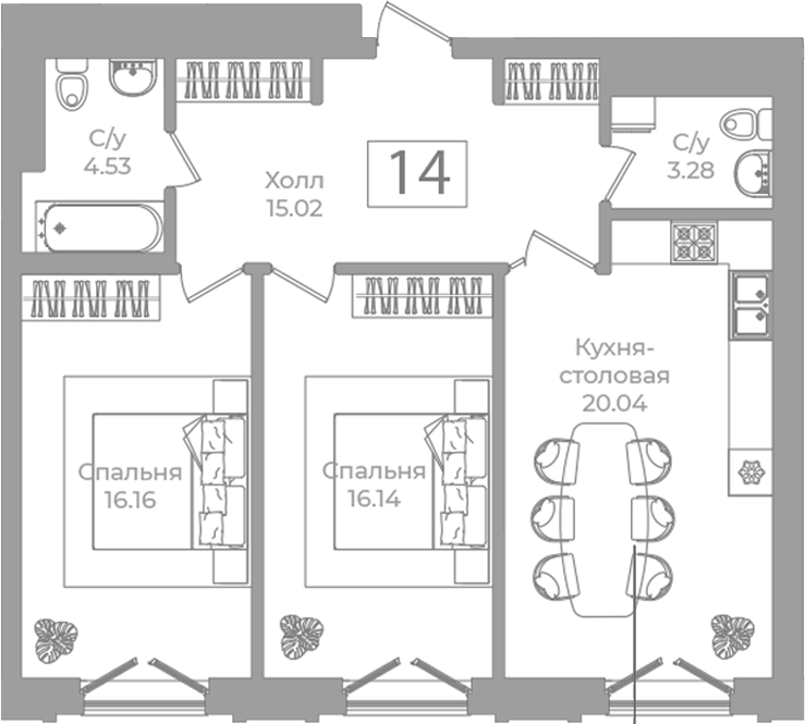 Планировка: 2 комнаты · 75,17 м²