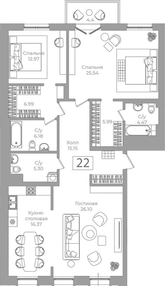 Планировка: 2 комнаты · 126,38 м²