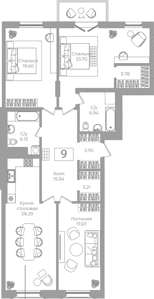 Планировка: 3 комнаты · 130,28 м²