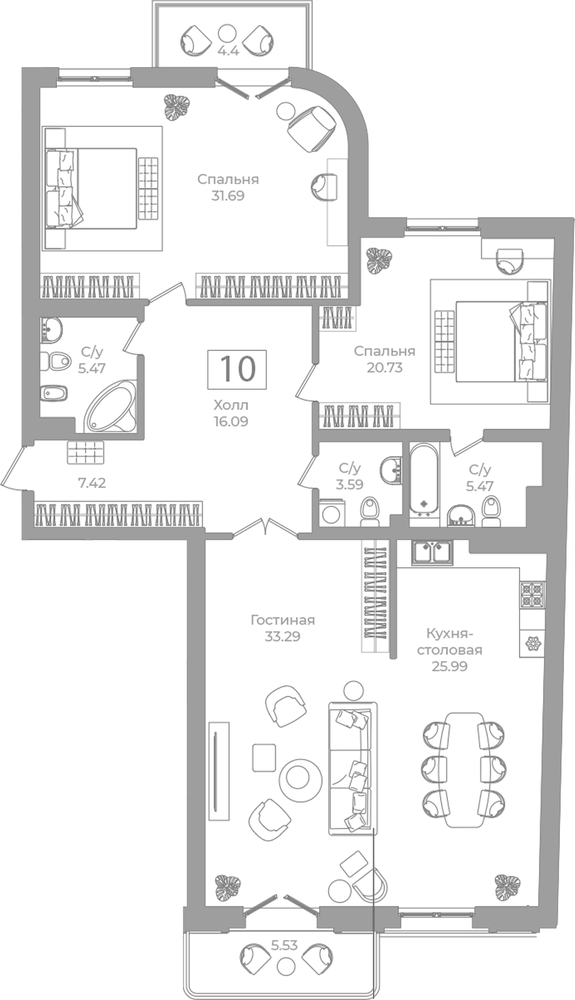 Планировка: 3 комнаты · 152,72 м²