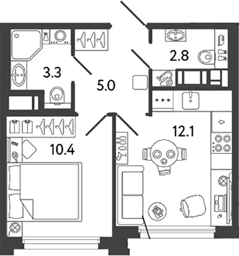 Планировка: 1 комната · 33,6 м²
