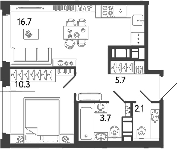 Планировка: 2Е-к.кв · 38,5 м²