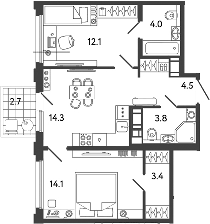 Планировка: 2 комнаты · 57,01 м²