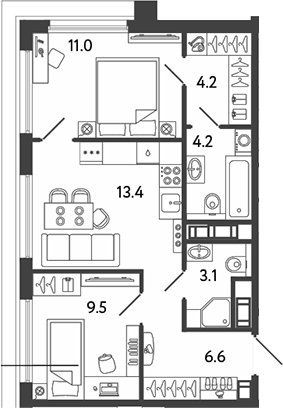 Планировка: 2 комнаты · 52 м²