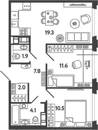 Планировка: 3Е-к.кв · 57,2 м²