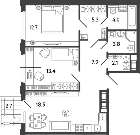 Планировка: 3Е-к.кв · 70,4 м²