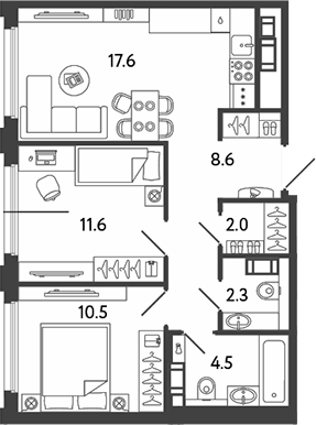 Планировка: 3Е-к.кв · 57,1 м²