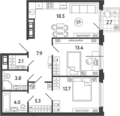 Планировка: 3Е-к.кв · 68,51 м²
