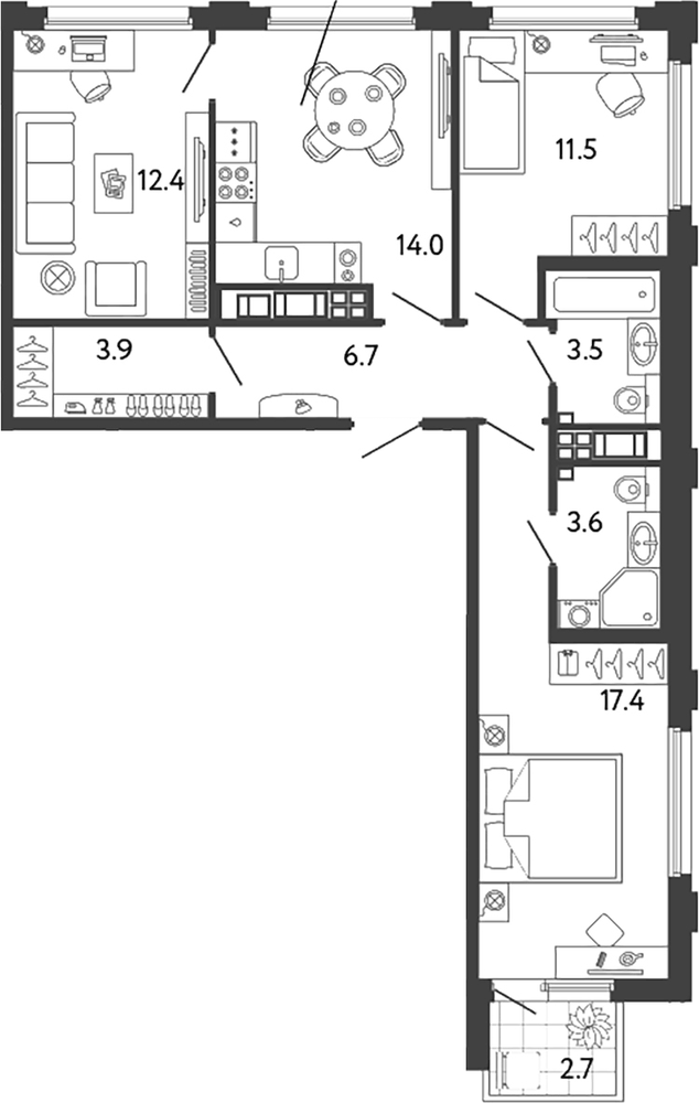 Планировка: 3 комнаты · 73,81 м²