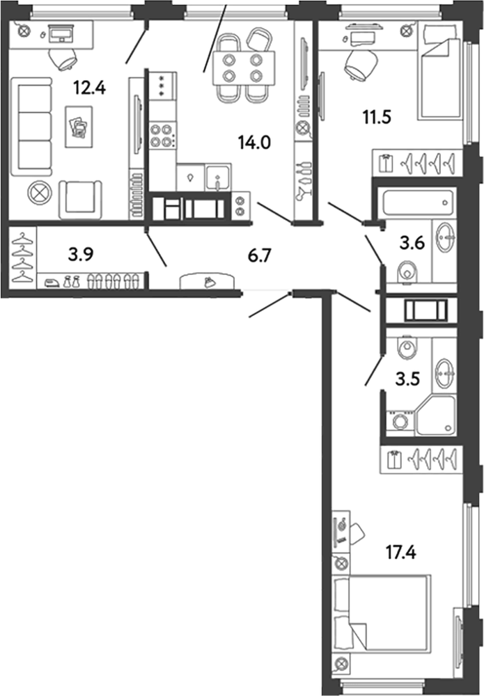 Планировка: 3 комнаты · 73 м²