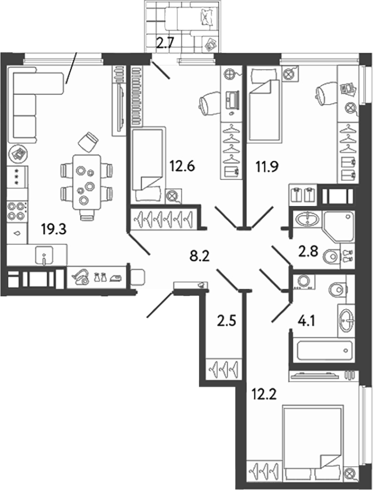 Планировка: 4Е-к.кв · 74,41 м²