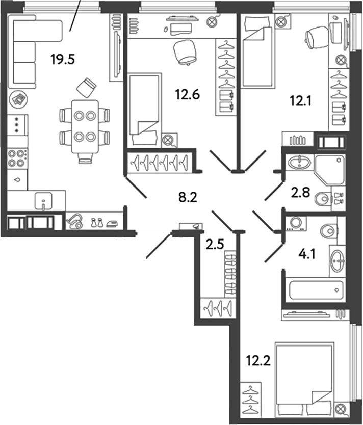 Планировка: 4Е-к.кв · 74 м²
