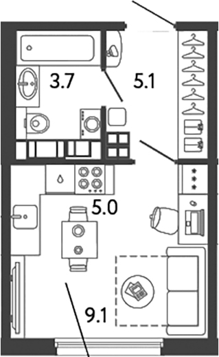Планировка: Студия · 22,9 м²