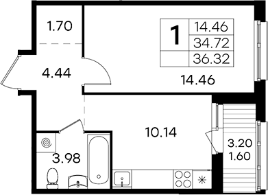 Планировка: 1 комната · 36,32 м²