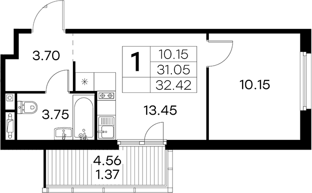 Планировка: 1 комната · 32,42 м²