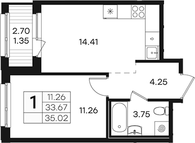 Планировка: 1 комната · 35,02 м²