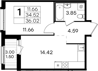 Планировка: 2Е-к.кв · 36,02 м²