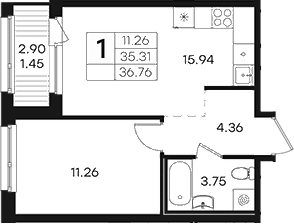 Планировка: 2Е-к.кв · 36,76 м²