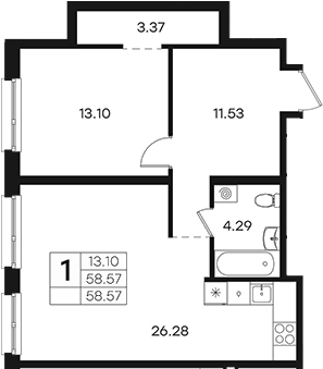 Планировка: 2Е-к.кв · 58,57 м²