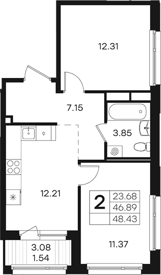 Планировка: 2 комнаты · 48,43 м²
