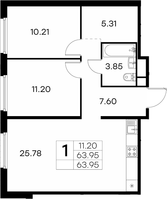 Планировка: 3Е-к.кв · 63,95 м²