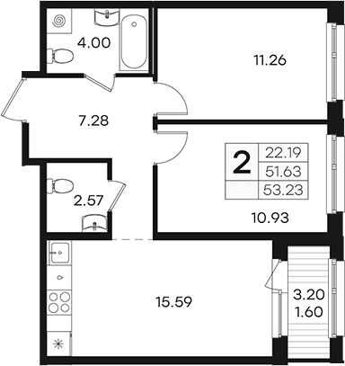 Планировка: 3Е-к.кв · 53,23 м²