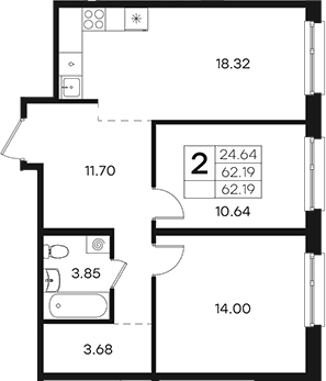 Планировка: 3Е-к.кв · 62,19 м²