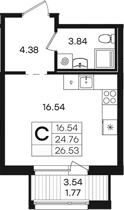 Планировка: Студия · 26,53 м²