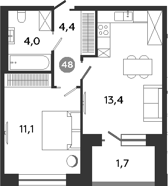 Планировка: 1 комната · 34,6 м²