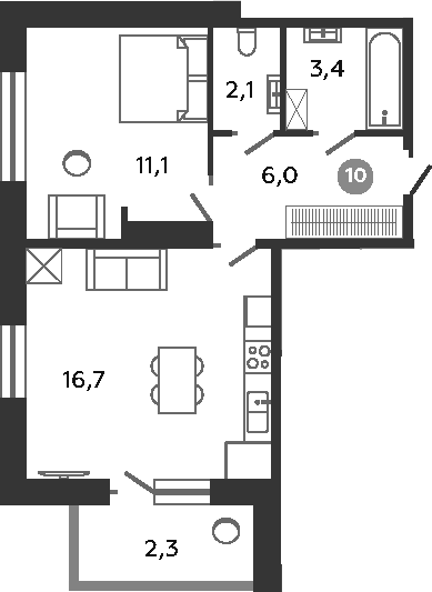 Планировка: 2Е-к.кв · 41,6 м²