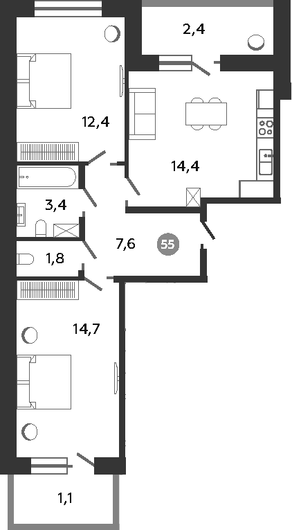 Планировка: 2 комнаты · 57,8 м²