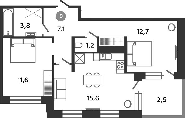 Планировка: 3Е-к.кв · 54,5 м²