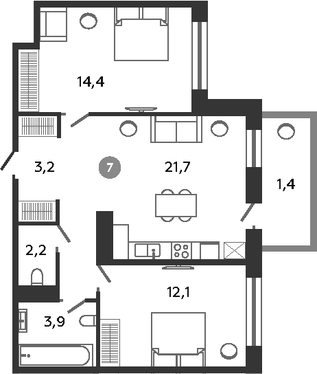Планировка: 3Е-к.кв · 58,9 м²