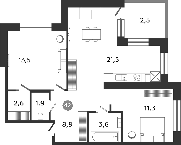 Планировка: 3Е-к.кв · 65,8 м²